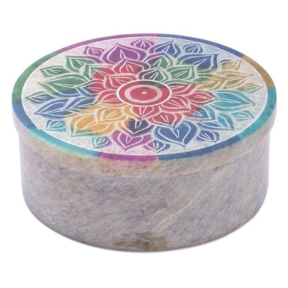 Ajuny Small Jewelry Box Handmade Marble Soapstone Mandala Trinket Holder | Handcarved Round Container for Rings, Keepsakes, Dresser Accent, Shelf Display, and Gifting 3 x 3 x 1.2 inch