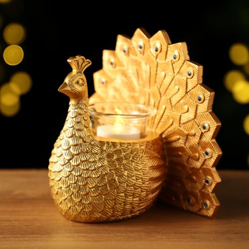 Peacock Tealight Candle Holder, Home Decor Gifts for Women Mom Grandma | with Flameless Candle, Decorative Votive Candle Holder for Table Decor, House Warming Gifts New Home, Christmas Birthday Gift