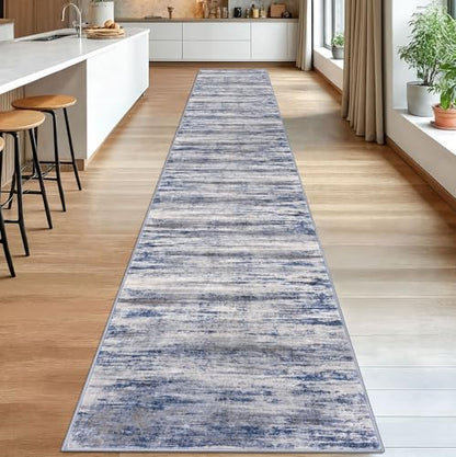 KOZYFLY Modern Abstract Washable Long Rug Runner 2.6x18 Hallway Rug Runner Non-Slip Soft Stair Runners, Grey-Blue Striped 18 feet Runner Rug for Kitchen Entryway Bathroom Laundry Room Foyer - color: Blue-grey, size: 2'8" x 18' (Runner)