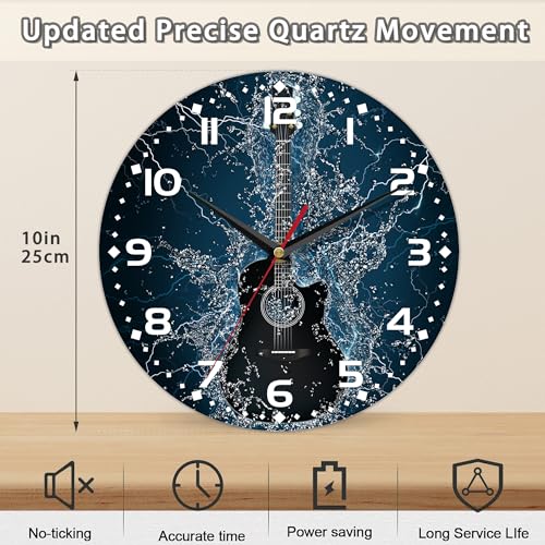 Electric Guitar Wall Clock - 10 Inch Wooden Art Hanging Clock, Silent Non-Ticking, Battery Operated, Round Home Arabic Numeral Decorative - color: Electric Guitar