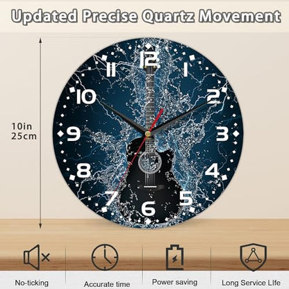 Electric Guitar Wall Clock - 10 Inch Wooden Art Hanging Clock, Silent Non-Ticking, Battery Operated, Round Home Arabic Numeral Decorative - color: Electric Guitar