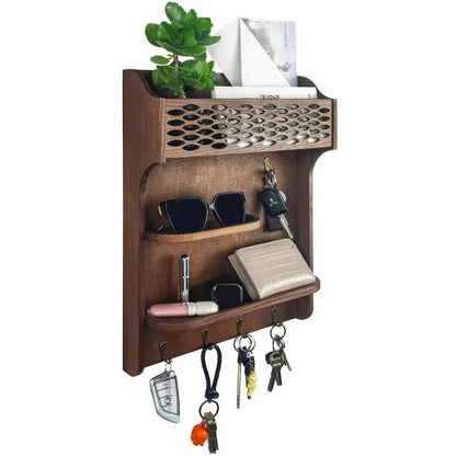 Rustic Wall Mounted Key Holder with Mail Sorter, Wooden Entryway Organizer with Hooks and Shelves, Walnut Finish Key Rack for Hallway, Living Room