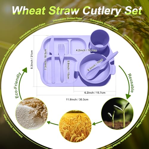 Honoson 24 Pcs Wheat Straw Dinnerware Cutlery Set, Service for 4, Unbreakable Plates and Bowls Set - Divided Plates, Bowls, Spoons, Forks & Knives, Microwave & Dishwasher Safe(Light Purple) - color: Light Purple