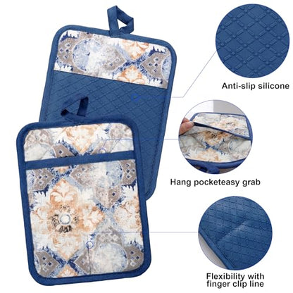 Oven Mitts and Pot Holders with Cooking Apron Set of 5, Heat Resistant Kitchen Gloves and Silicone Non-Slip Potholders, Adjustable Neck Buckle Chef Apron, Cotton Nice Design for Cooking (Blue Retro) - color: Blue Retro