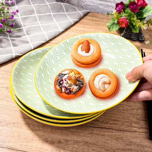 4-Piece Ceramic Salad Plate Set, 7-Inch Round Dessert Plates with Green Wave Motif & Yellow Rim, Multi-Purpose Small Serving Bowls for Appetizers & Snacks, Microwave & Dishwasher Safe, Stackable - color: GBL