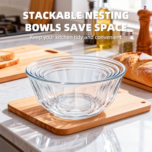 Luvan 5-Piece Glass Mixing Bowls Set with Lids - Clear Salad Bowls with Lids Set, Diamond Pattern Large Glass Mixing Bowl for Baking Prep, Serving & Storage - color: Clear Gray