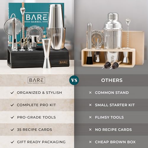 BARE BARREL® Mixology Bartender Kit Bar Set | 14-Piece Cocktail Shaker Set | Martini Barware Mixing Tools for Home Bartending | Incl. 35 Recipe Cards | Gift Set (28oz Boston Shaker, Silver/Black) - color: Silver/Black