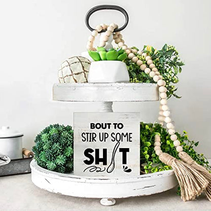 Rustic Bout to Stir up Wood Box Sign Funny Kitchen Wooden Box Sign Farmhouse Home Kitchen Desk Shelf Decor (5 X 5 Inch) - color: Natural Wood