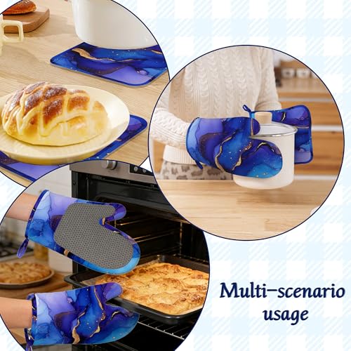 Blue Purple Gold Marble Oven Mitts and Pot Holders Sets of 4 Abstract Heat Resistant Silicone Oven Mits Gloves Non-Slip Kitchen Mittens Potholders for Cooking Baking Grilling BBQ - color: Blue Purple Gold Marble,abstract