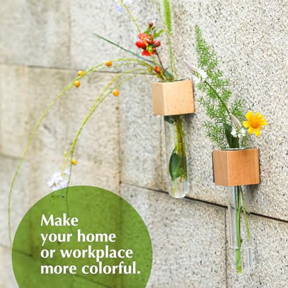 Wooden Wall Planter Glass Plant Propagation Stations Fridge Glass Tube Single Stem Bud Vase 2Pcs/Set Modern Decorative Cube Wood Window Flower Vase Refrigerator Magnetic Mini Glass Vase with Dropper