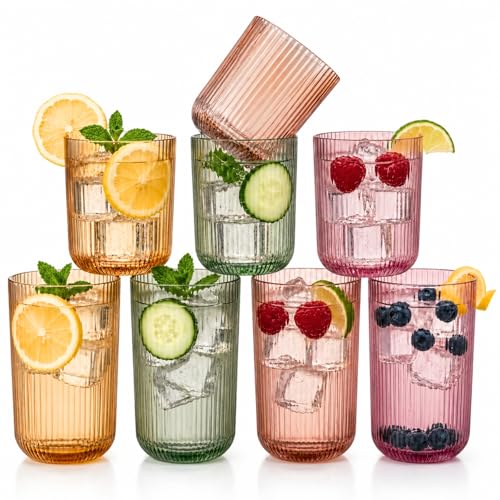 Set of 8 Dopamine Colored Ribbed Glassware, 4 Highball Glasses 14oz & 4 Rocks Drinking Glasses 9oz, Origami Style Fluted Design for Daily Water, Cocktail, Whiskey, Kitchen Housewarming Wedding Gifts