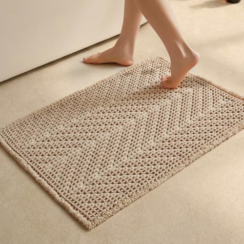 Sunfly Waffle Bath Mat, Boho Bath Rugs for Bathroom Floor Super Absorbent & Quick Dry, Non-Slip Washable Bath Mat with Tassels, Ultra Soft Farmhouse Bathroom Decor 20"*30" Beige - color: Beige, size: 1'8" x 2'6" (Rectangular)