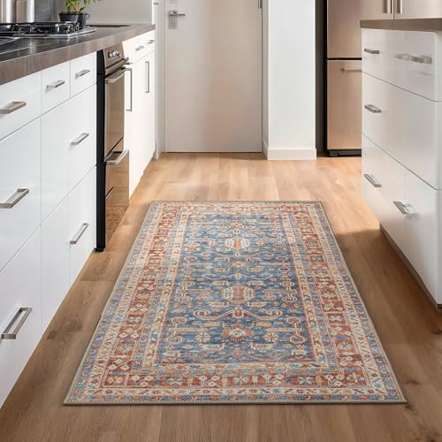 GLN Rugs Bohemian - Jerusalem - Machine Washable Runner Rug, Boho Washable, Non Slip, Low Pile Chenille Area Rug, Hallway, Bedroom, Kitchen Rug - Easy Clean (2'6" x 7' Terra/Slate Blue) - color: Terra/Slate Blue, size: 2'6" x 7' (Runner)
