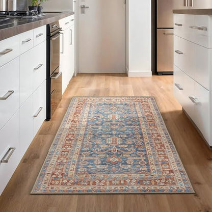 GLN Rugs Bohemian - Jerusalem - Machine Washable Runner Rug, Boho Washable, Non Slip, Low Pile Chenille Area Rug, Hallway, Bedroom, Kitchen Rug - Easy Clean (2'6" x 7' Terra/Slate Blue) - color: Terra/Slate Blue, size: 2'6" x 7' (Runner)