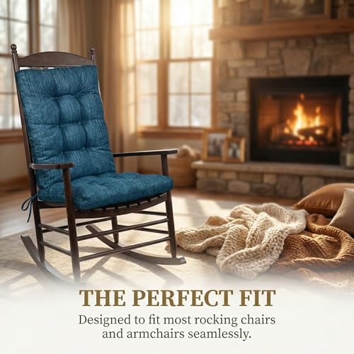 baibu Patented Dual-Layer Rocking Chair Cushion Set, 19.5 x 19.5 in, Blue | Two-piece memory foam seat and back cushion set with secure ties and a non-slip bottom for indoor rocking chairs. - color: Blue