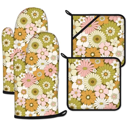 Retro 70s Style Flower Oven Mitts and Pot Holders Set 4 Pcs Extra Long Heat Resistant Gloves Potholder for Baking, BBQ, Grilling - color: Retro 70s Style Flower