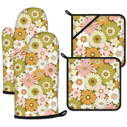 Retro 70s Style Flower Oven Mitts and Pot Holders Set 4 Pcs Extra Long Heat Resistant Gloves Potholder for Baking, BBQ, Grilling - color: Retro 70s Style Flower