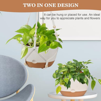 Self Watering Hanging Planter, 3 Pack 10 Inch Macrame Plant Hanger with Flower Pot, Metal Chain, S & Ceiling Hooks, Drainage Holes, Removable Saucer, Hanging Basket Holders for Indoor Plants - White - color: White