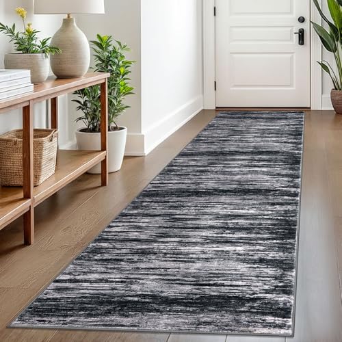 SIILOOM 2.6x8 Washable Runner Rug, Non Slip Area Rug for Hallway Kitchen | Black/White Soft Modern Abstract Spill & Stain Resistant Low Pile Carpet for Entryway Office Laundry Bedroom, Easy Clean - color: Black/White, size: 2'7" x 8' (Runner)