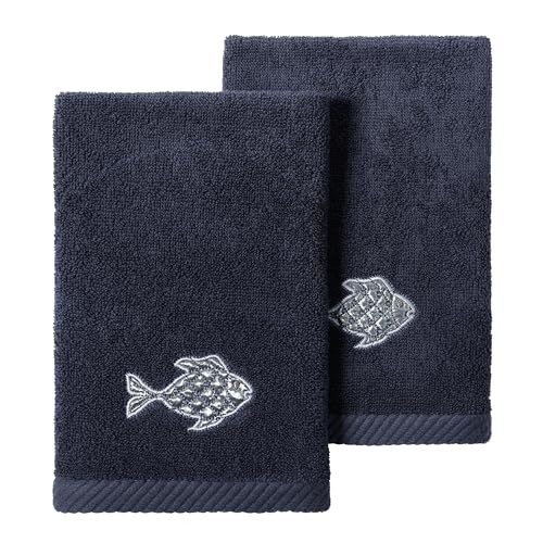 Treasure 2-Piece Fingertip Towel Set, Unique Fish Embroidery, 100% Turkish Cotton, Soft & Luxurious, Charming Touch, 2 Fingertip Towels, Marine - color: Marine, size: 2 Pcs Fingertip Towel