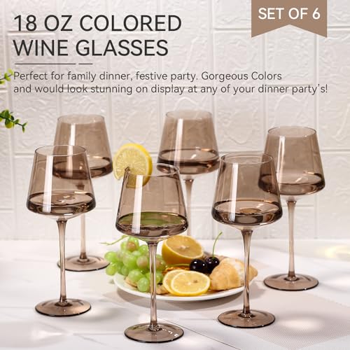 Smokey Sand Wine Glasses Set of 6,18oz Gray Wine Glassware Gift Set for Wife & Mom-Colorful Hand Blown Glass Drinkware for Red White Wine - color: Smokey