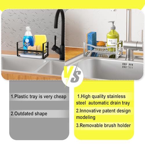 Stainless Steel Kitchen Sink Caddy Organizer with Auto Drain Tray, Sponge Holder for Countertop Storage Silver - color: Silver