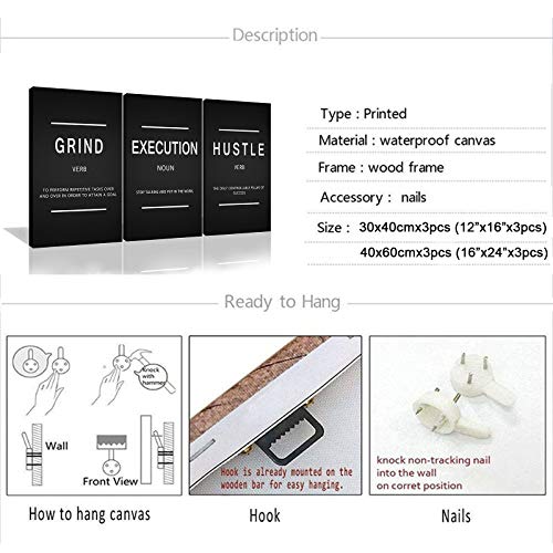Framed Canvas Wall Art Success Quote, Office Wall Art, Black Large Poster, Positive Motivational Set of 3 Prints, Execute Failure Definition, Inspirational Print (B-3pcs,16x24inchx3pcs) - color: B-3pcs, size: 16x24inchx3pcs