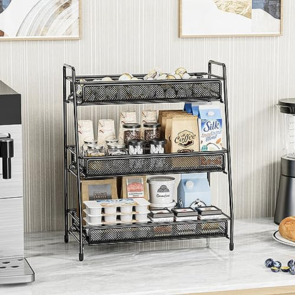 EKNITEY Bathroom Countertop Organizer Rack - 3 Tier Counter Spice Rack | Metal, Non-Slip Base, Makeup Rack, Small Coffee Station Organizer, for Sink Bedroom Kitchen Living room - color: Black