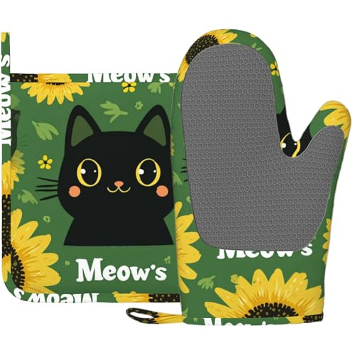 Black Cat Oven Mitts and Pot Holders Sets Cartoon Sunflower Silicone Heat Resistant Kitchen Oven Gloves Pot Holder for Cooking Baking Grilling BBQ - color: Black Cat