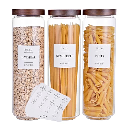 Tzerotone Glass Pantry Storage Jars with Acacia Airtight Lid, 50 OZ Kitchen Canisters with Wood Lid and 132 Pantry Labels, Food Storage Containers Set of 3 - color: 50OZ-3PCS