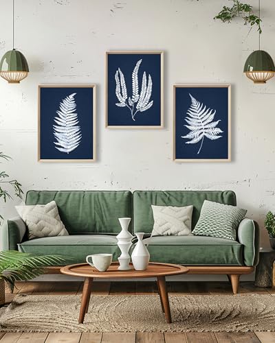 UPWOIGH Navy Blue Fern Framed Wall Art, 12 x 16 Inch, Set of 3 | White Fern Leaf Prints, Navy Blue Background, Minimalist Botanical Design, Light Wood Frames for Bedroom, Office and Hallway - color: Blue Plant MDF