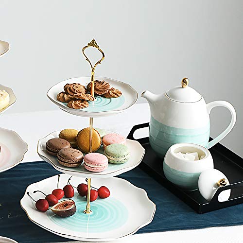 Sweejar 3 Tier Ceramic Cake Stand,Dessert Stand,Cupcake Stand,Tea Party Pastry Serving Platter,Food Display Stand for Tea/Coffee/Birthday/Wedding/Women/Afternoon/Gift - Blue - color: Blue
