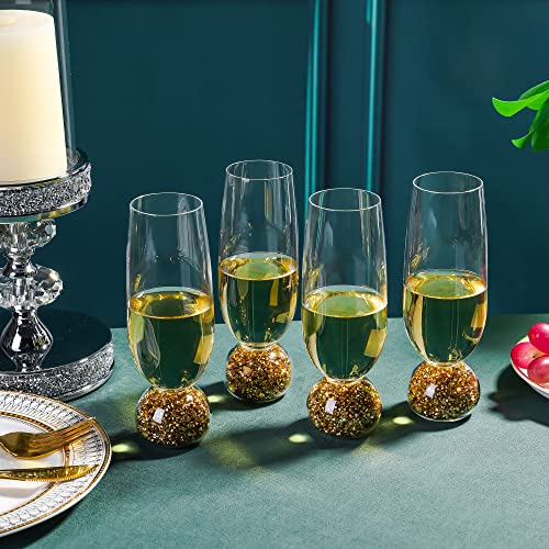 Hanjue Lead-free Crystal Champagne Glasses Set of 4, 7 Oz Clear Champagne Flutes, Ideal for Gifts, Parties,Wedding,Christmas - Long-lasting and Reusable Bar Glassware (Gold crushed diamonds) - color: Gold Crushed Diamonds