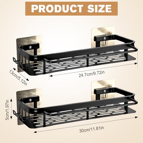 No-Drill Adhesive Shower Caddy, Black Aluminum Shelves 2-Pack | Heavy-duty rustproof shower organizer fits large bottles. Smooth safe edge & slatted fast-drain base with hooks, towel bar