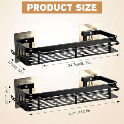 No-Drill Adhesive Shower Caddy, Black Aluminum Shelves 2-Pack | Heavy-duty rustproof shower organizer fits large bottles. Smooth safe edge & slatted fast-drain base with hooks, towel bar