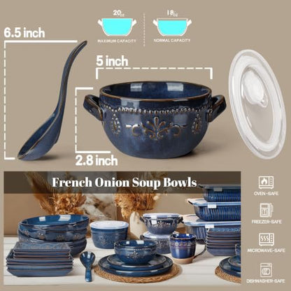 French Onion Soup Bowls with Handles and lids & Spoons, 20 Oz Ceramic Soup Crocks Oven Safe Serving Bowls for Chili, Beef Stew, Cereal, Pot Pies, Embossment, Set of 4, Blue (Multiple Patterns) - color: Blue (Multiple Patterns)
