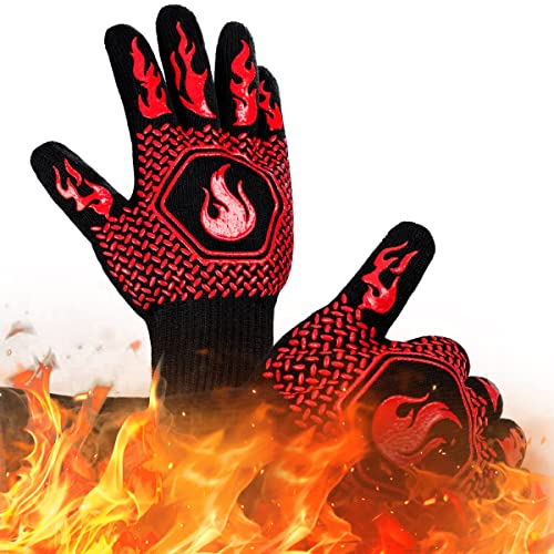 BBQ Gloves 1472F Heat Resistant Non-Slip Silicone 13.8in (Red) | Grill Cut-Resistant, Oven Kitchen Safe for Barbecue, Cooking, Frying, Oven Mitts - color: Red