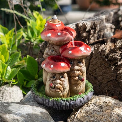 Pacific Giftware Whimsical Toadstool Mushroom Backflow Incense Burner with Faces, Red and White Polka Dot Design, Garden Gnome Style, Decorative Home Accent, Resin Decor 6.1" H