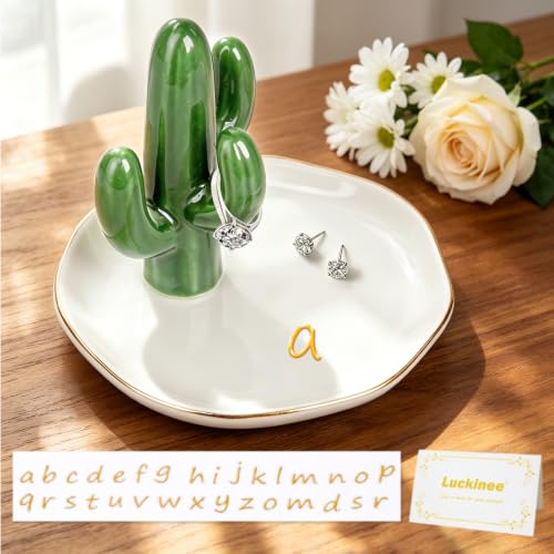 LUCKINEE Ceramic Jewelry Tray Round Ring Dish Trinket Dish Gifts for Women | Personalized Birthday Gifts for Mom Dad,Sisters and Friends,with 1pc Gold Puffy Letter Sticker A-Z, With 1pc Greeting Card - color: DIY Cactus Style - A-Z