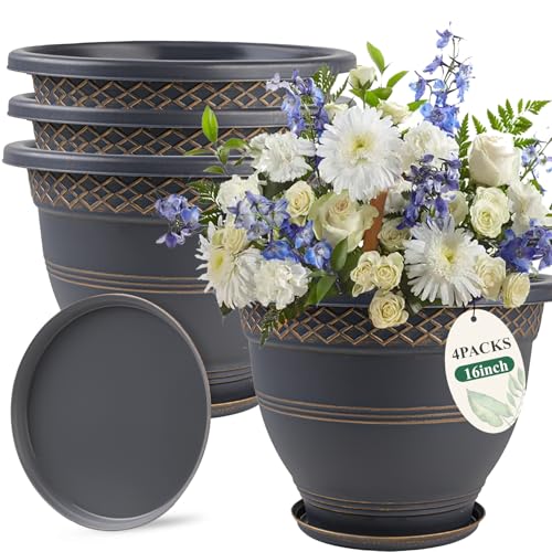 16 Inch Plaid Plant Pots 4 Pack with Drainage and Saucers Gold | Gold plaid PP pots with drainage holes and saucers for large plants porch patio garden and entryway - color: Gold, size: 16 Inches-4 packs