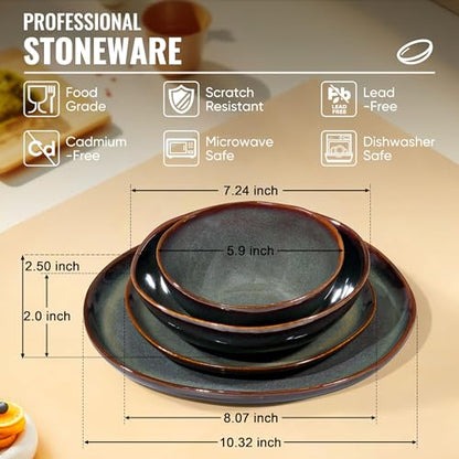 Herogo Stoneware Dinnerware Sets for 6, 24 Piece Ceramic Dinner Dishes Set, Irregular Handmade Plates and Bowls Dishware, Crack and Scratch Resistant, Reactive Glaze, Lichen Green - color: Lichen Green, size: 6 Set (24pcs)