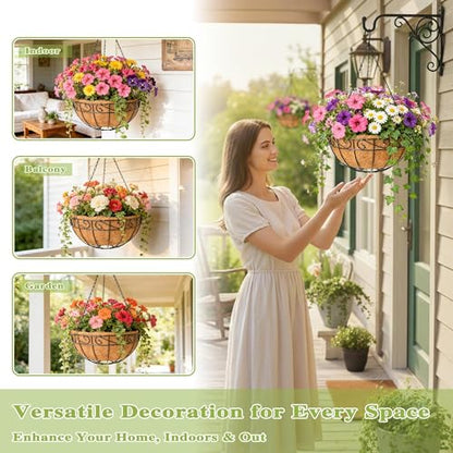 4 Pack 14 Inch Hanging Baskets for Plants Outdoor Metal Hanging Planter Hanging Flower Baskets with Coco Fiber Liners Chain Round Wire Plant Holder Hangings Flower Pots(Plaid) - size: 14 Inch, style: Plaid