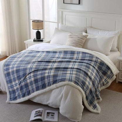PU MEI Sherpa Blanket Queen Plaid Thick Bed Blanket, 80”*90” Super Soft Flannel Fuzzy Fleece Reversible Velvet Plush Warm Blanket for Couch (Blue White Check) - color: Blue White Check, size: 80"*90"