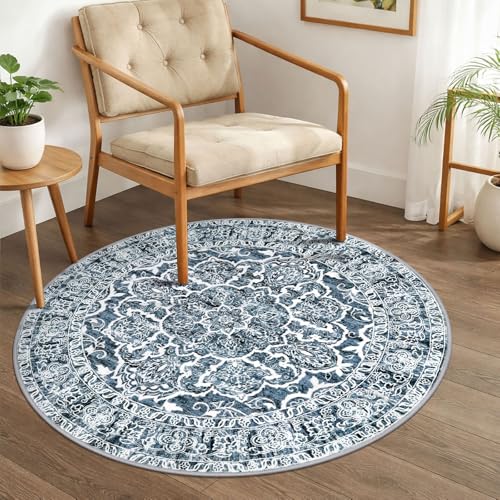 KUTA Vintage Round Rug 3ft Washable Boho Indoor Circle Area Rugs Blue White | Non-Slip, Non-Shedding, Low Pile, Easy Clean Throw Rug for Entrance, Front Door, Bathroom, Bedside, Laundry, Small Spaces - color: Blue Floral, size: 3' (Round)