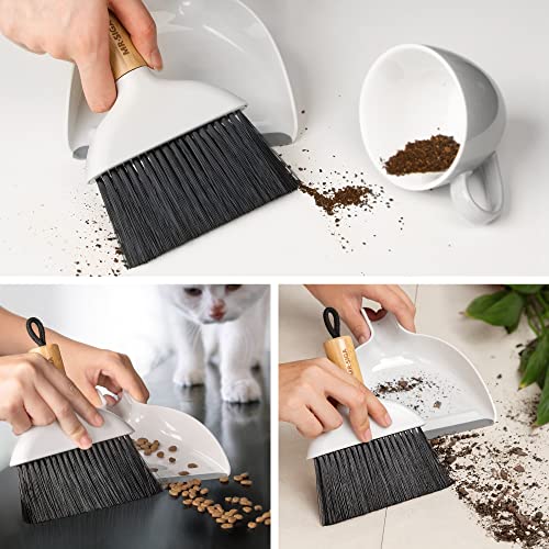 MR.SIGA Mini Dustpan and Brush Set, Bamboo Handle, White, 1 Set | Portable cleaning brush and dustpan combo, handheld brush and dustpan combo with hanging loop - color: White