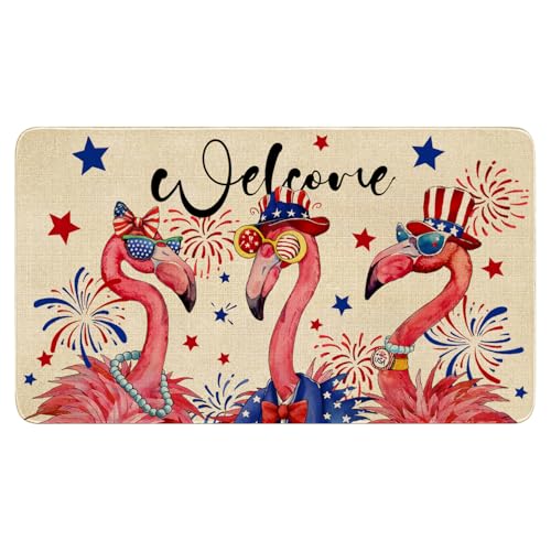 4th of July Door Mat,Flamingo Star American Flag Indoor Outdoor Non-Slip Patriotic Summer Doormat,Entryway Front Porch Fourth of July Independence Day Welcome Door Mats for Entrance Decor 30" x 17" - color: Flamingo Star