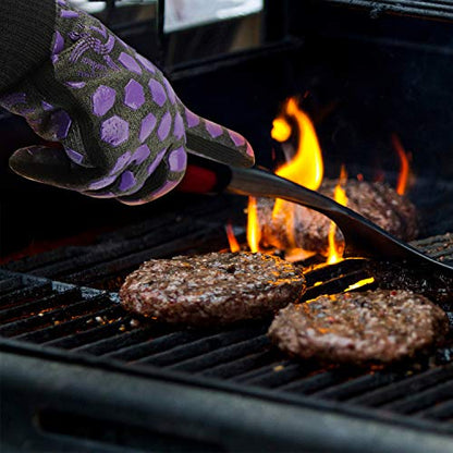 J H Heat Resistant Oven Glove:EN407 Certified 932 °F, 2 Layers Silicone Coating, Oven Mitts for Cooking, Kitchen, Fireplace,Camping, Grilling (Black/Purple, Regular Cuff) - color: Black/Purple, size: Regular Cuff