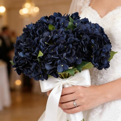 Kimura's Cabin 6pcs Navy Blue Hydrangea Artificial Flowers Silk Hydrangeas | Fake Hydrangeas with Stems Faux Flower,wedding Bouquet Arrangement Halloween Home Party Table Centerpieces Decor Vase Filler - color: Navy Blue