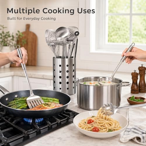 Pleafind Cooking Utensils Set - 9 PCS Stainless Steel Kitchen Utensils Set with Utensil Holder, Heat Resistant Wok Utensils Set, Kitchen Tools Set with Spatula, Ladle, Slotted Spoon, Dishwasher Safe - color: 9P-Silver