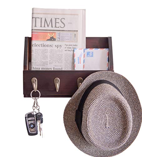 Wall Mount Key and Mail Holder with 4 Hooks. Made in Taiwan, Solid Wood. Use as Key Rack, Entryway or Mudroom Organizer, Mail & Bill Sorter, Magazine Holder (Walnut) - color: Walnut